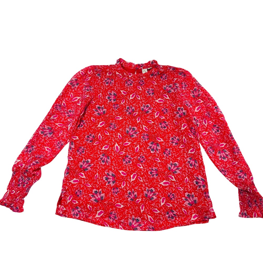 Joie Red Floral Mock Neck Blouse Smocked Cuff Long Sleeve Top XS 1255250
